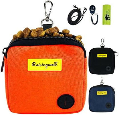 Raisingwell Dog Treat Pouch for Pet Walking and Training with Clicker Poop Bags Small Fanny Zipper Pack Holder for Puppy Snack Dispenser Kit for Leash and Outdoor Use (Orange) by Raisingwell