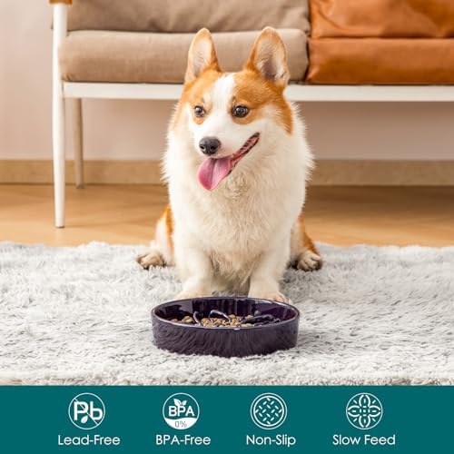 vancasso Ceramic Slow Feeder Dog Bowls, Puzzle Dog Food Bowls with Floral Maze, Anti -Slip Pet Food Dish for Medium Breed, 1.5 Cups, Purple - Image 3