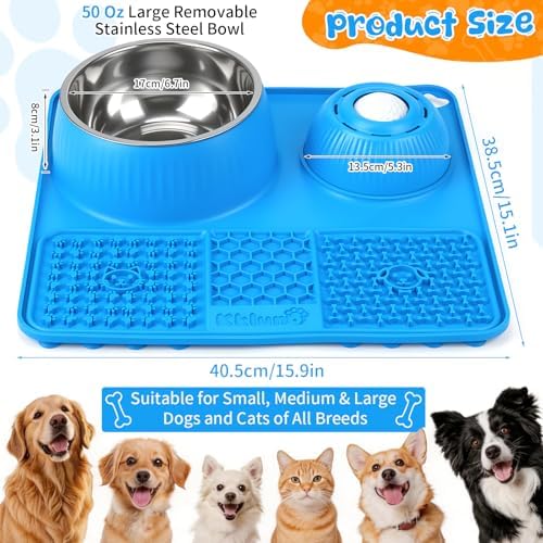 Slow Feeder Dog Bowl with Lick Mat & Interactive Rolling Ball, Stainless Steel Pet Feeding Station with Non-Slip Stable Grip Base for Wet Food, Dry Kibble (Light Blue) - Image 2