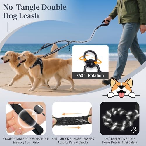 Double Dog Leash, 18~120 Lbs, No Tangle with Padded Handles, 360° Swivel - Image 2