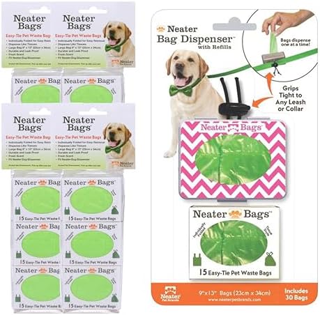 Neater Pet Brands Neater Bags Dog Waste Bag, No Rolls - Dog Poop Bags Dispense One at a Time, Doggie Poop Bag with Easy-Tie Handles, Dispenser Attaches to Any Leash (210 Count, Pink Chevron) by NeaterPetBrands