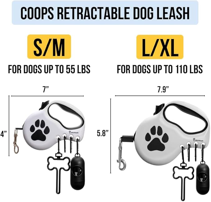 Award-Winning Retractable Dog Leash for Large and Extra Large Dogs (Max 110 lbs) Clip & Go System, Reflective Tape and Ergonomic Handle Includes Clips Poop Bag Holder and Dispenser, White