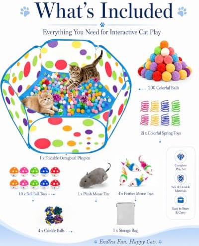 Cat Ball Pit with 227 Pcs Interactive Cat Toys, Enrichment Toys for Bored Indoor Cats Self Play, Include Pom Pom Balls Jingle and Crinkle Balls, Springs and Mice Toy for Kitten Fun and Exercise - Image 2