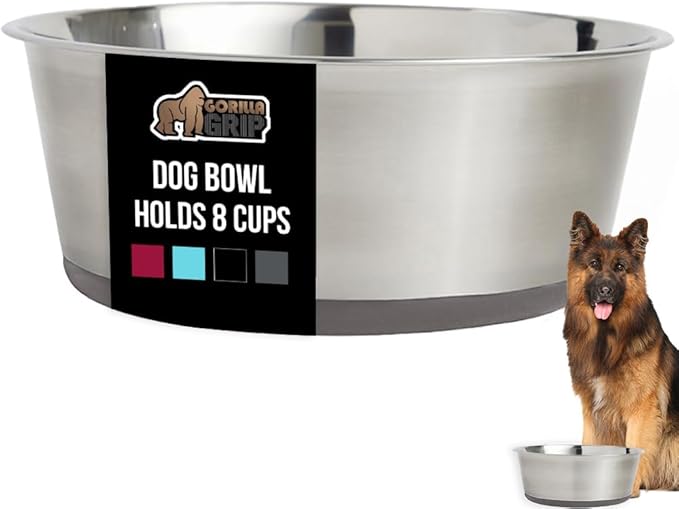 GORILLA GRIP Dog Bowl, Holds 8 Cups (64 fl oz), Food Grade 304 Stainless Steel Food and Water Bowl for Feeding Dogs and Cats, BPA Free Rubber Base, Easy Clean, Dishwasher Safe, Rust Resistant, Gray