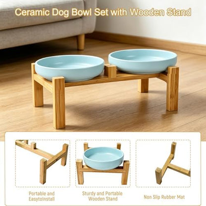 Shallow Elevated Cat Bowls with Bamboo Stand, 6.1 Inch Wide Ceramic Cat Dish Whisker Friendly, 2 Pack Pet Food and Water Plates - Image 4
