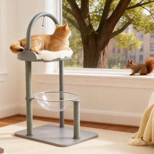 34" Modern Cat Tree Furniture for Indoor Small & Medium Cats, Minimalist Cat Tower with Scratching Posts, Wood Platforms, Capsule Perch, Stable Steel Frame & Washable Cushion, Dove Gray - Image 2