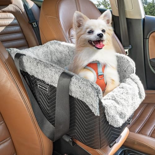 PETSFIT Center Console Dog Car Seat, Portable Pet Car Seat with Safe Protective Hooks, Luxury Dog Car Seats for Small Dogs Includes Safety Leash and Storage Pocket for Pets Up to 9 lbs (Black) by Petsfit