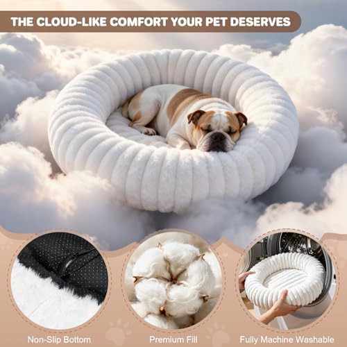 Donut Dog Bed for Small & Medium Dogs, Pet Bed with Non-Slip Bottom, Winter Comfort Dog Beds for Puppies, Washable & Portable Egg Tart Shape (M) Medium Dog Bed self Warming - Image 3
