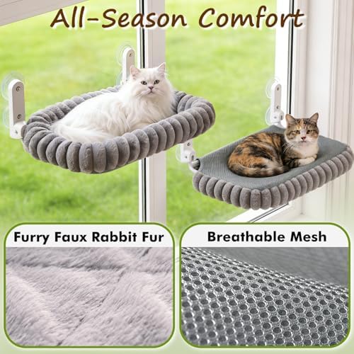 Zoratoo 2PC Cat Window Perch with Bolster Foldable Cat Hammock Cushion Bed for Window with Metal Frame, Cloud-Cuddle Cordless Window Resting Seat for Indoor Cats (Cushion Bed, Gray-L) - Image 7