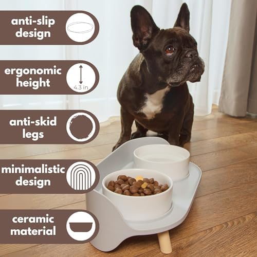 A4DOG Ceramic Dog Bowls with Stand - Elevated Dog Water and Food Bowl Set 13.5oz Cat & Dog Feeding Station Spill Proof Splash Proof Raised Pet Food Bowls for Dogs, No Mess Pet Feeder - Gray - Image 2