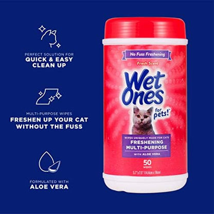 Wet Ones for Cats Freshening Wipes with Aloe Vera, Fresh, 50 Ct, 12-Pk | Multi-purpose grooming wipes remove dirt, odor, and dander between baths, gentle for regular use on cats - Image 2