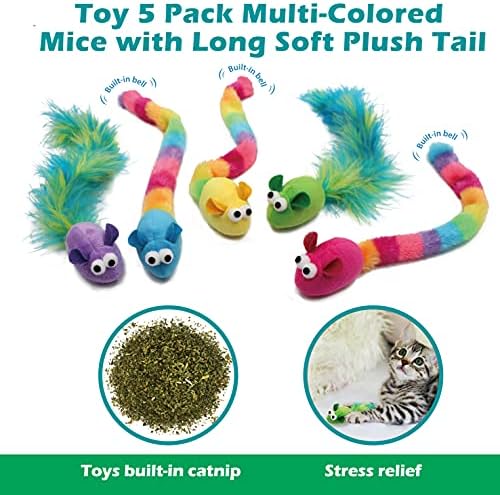 Jumpaws 5 Pack Interactive Catnip and Feather Cat Toys, Multi-Colored Mice with Long Feather Tail, Accessories for Indoor Cat, Catnip Plush Toys with Natural Feathers and Rattles - Image 4