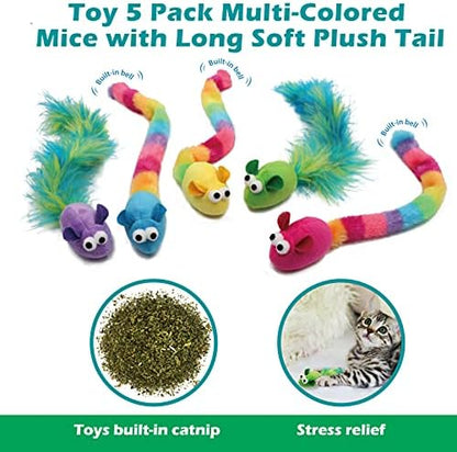 Jumpaws 5 Pack Interactive Catnip and Feather Cat Toys, Multi-Colored Mice with Long Feather Tail, Accessories for Indoor Cat, Catnip Plush Toys with Natural Feathers and Rattles - Image 4