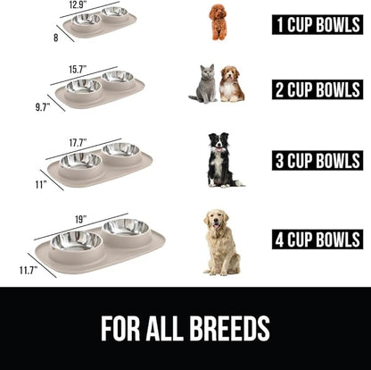 GORILLA GRIP Feeding Mat Bowl Set, 100% Waterproof BPA Free Silicone Base, 304 Stainless Steel Cat and Dog Bowls for Food and Water, Slip Resistant, High Edge, US Designed, Patent Pending, 2 Cup Beige
