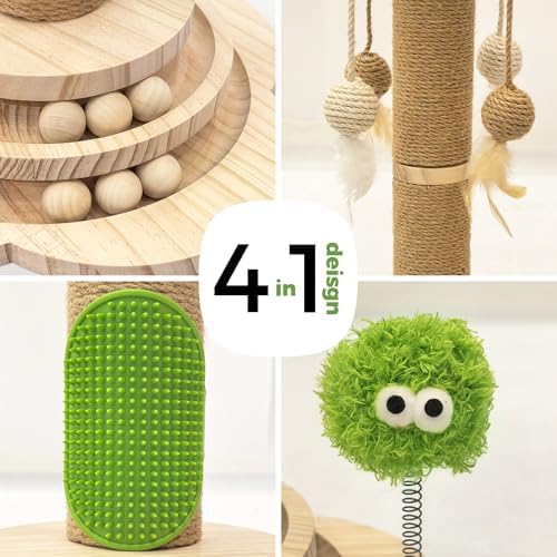 TINYBEAST Wooden Cat Scratching Post, 4 in 1 Cat Scratcher Toy with Cat Ball Tracks, 25" Tall Sisal Scratch Post for Indoor Kittens Adult Cats, Interactive Feather Toy and 4 Sisal Hanging Balls - Image 2