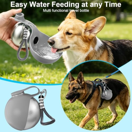 2 in 1 Dog Water Bottle with Bowl, 10oz Stainless Steel - Grey - Image 2