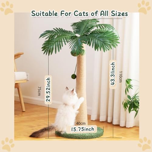 43.3inch Palm Tree Shape Style Sisal Cat Tree Scratching Post Cats, Wear Resistant Cat Claw Scratcher with Plush Stable Base & Hanging Toy Ball, Green - Image 2