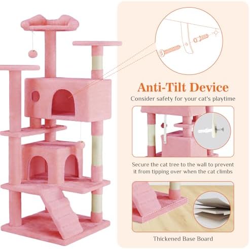 Sweetcrispy 54-Inch Cat Tree Tower – Multi-Level with Sisal Scratching Post, Perfect Pet Gift, Indoor Condo with Climbing Ladder, Plush Toy, and More Animal Stuff, Pink - Image 3