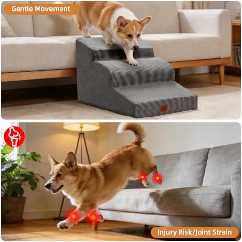 Dog Stairs for Small Dogs,15.7" H,3-Step Curved Pet Ramp for Bed Couch Sofa and Chair,Non-Slip Pet Steps for Injured & Senior Pets with Washable Cover and Durable High Density Foam,Grey - Image 3