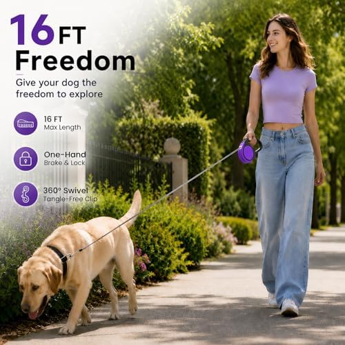 Heavy Duty Retractable Dog Leash-16ft Strong & Durable Walking Leash for S to L Dogs up to 45/115 lbs, Upgraded Lock System, Non Slip Grip, Tangle Free (Purple, Small/Medium) - Image 3