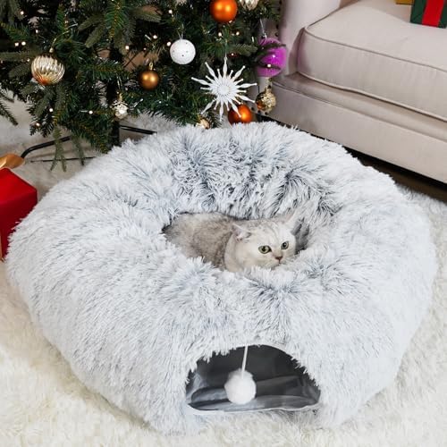 Cat Tunnels for Indoor Cats, Cat Tunnel Bed Under Christmas Tree, Collapsible Donut Tunnel for Medium & Large Cat, Peekaboo Cave Toy, Gray by OOZAZEMM