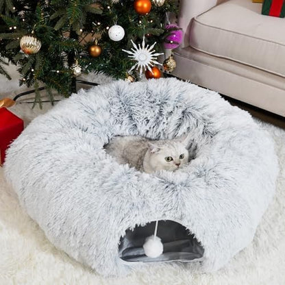 Cat Tunnels for Indoor Cats, Cat Tunnel Bed Under Christmas Tree, Collapsible Donut Tunnel for Medium & Large Cat, Peekaboo Cave Toy, Gray by OOZAZEMM