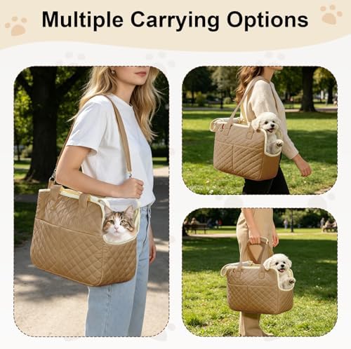 YooxArmor Dog Purse Carrier for Small Dogs & Cats, Foldable Soft Tote for 5-14lbs Pets, Large Pockets, Safety Leash & Removable Mat for Walking Shopping Outdoor, Khaki - Image 5