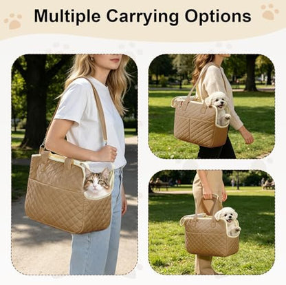 YooxArmor Dog Purse Carrier for Small Dogs & Cats, Foldable Soft Tote for 5-14lbs Pets, Large Pockets, Safety Leash & Removable Mat for Walking Shopping Outdoor, Khaki - Image 5
