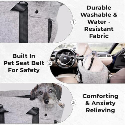 Center Console Dog Car Seat for Small Dogs and Puppies 5-13Lbs, Ideal Armrest Booster Car Travel Seat with Safety Protection Seat Belts, Storage Pockets - Reduces Anxiety (Woven - Grey) - Image 3