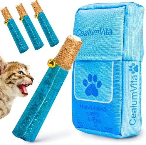 4 Pack Hand-Rolled Catnip Sticks with Chew Rope & Bell -Shaped Cat Toys for Indoor Cats and Kicker Toys, Teething Chew and Play Fun (Blue) by CealumVita