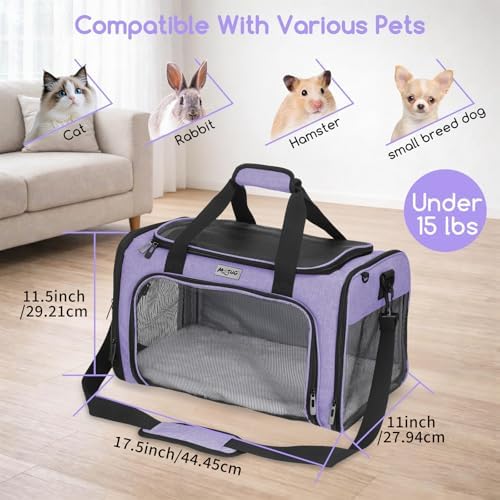 Pet Carrier for Cats & Small Dogs, Travel Carrier with Anti-Collapse Support, Chew Resistant Buckles, Luggage Sleeve, Multi-Pocket Storage, Reversible Mat & Bowl (Purple, Medium (17.5"x11"x11.5")) - Image 3