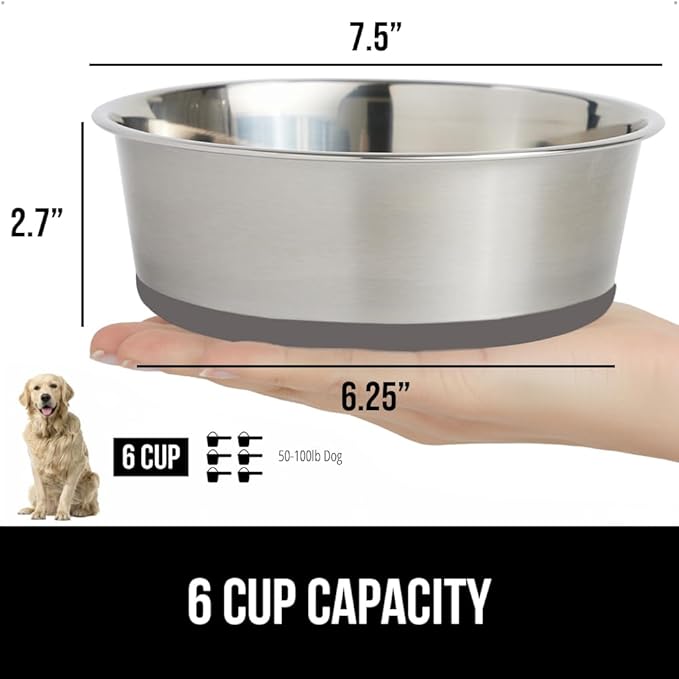 GORILLA GRIP Dog Bowl, Holds 6 Cups (48 fl oz), Food Grade 304 Stainless Steel Food and Water Bowl for Feeding Dogs and Cats, BPA Free Rubber Base, Easy Clean, Dishwasher Safe, Rust Resistant, Gray