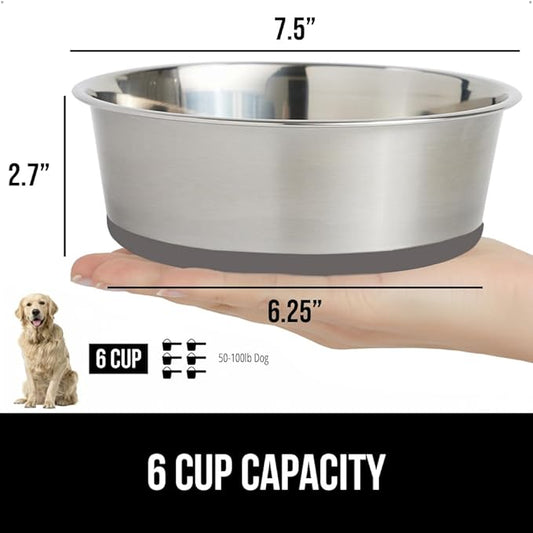 GORILLA GRIP Dog Bowl, Holds 6 Cups (48 fl oz), Food Grade 304 Stainless Steel Food and Water Bowl for Feeding Dogs and Cats, BPA Free Rubber Base, Easy Clean, Dishwasher Safe, Rust Resistant, Gray