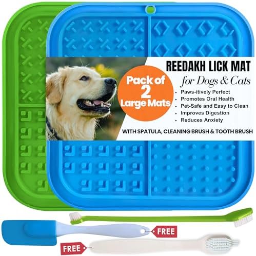 Large Licking Mats for Dogs and Cats, Slow Feeder Lick Pad with Suction Cups for Dog Training,Peanut Butter Licking Pad for Boredom Reducer (2 Lick Mats with Free Spatula, Tooth Brush, cleaning Brush) by REEDAKH