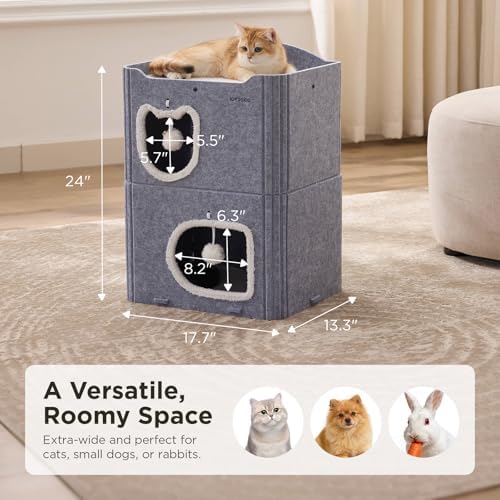 Joydeco Cat House for Indoor Cats, 2 Story Scratch Resistant Felt Cat Condo, Hideaway Pet Cave Bed with Fluffy Ball and Tunnel for Kitten, Small Dogs, Rabbits, 17.7 x 13.3 x 24, Grey - Image 6