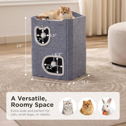 Joydeco Cat House for Indoor Cats, 2 Story Scratch Resistant Felt Cat Condo, Hideaway Pet Cave Bed with Fluffy Ball and Tunnel for Kitten, Small Dogs, Rabbits, 17.7 x 13.3 x 24, Grey - Image 6