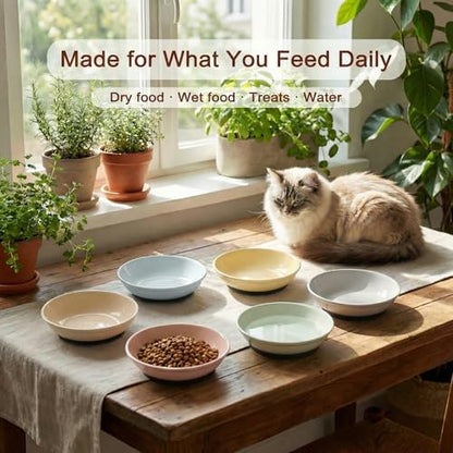 Ceramic Cat Food Bowls 6 Pack – Shallow Cat Bowl with Non-Slip Silicone Base, Whisker-Fatigue Dishes for Indoor Cats – Microwave Dishwasher Safe – 5.3 oz Colorful Pet Plates for Wet Dry Food Water - Image 4
