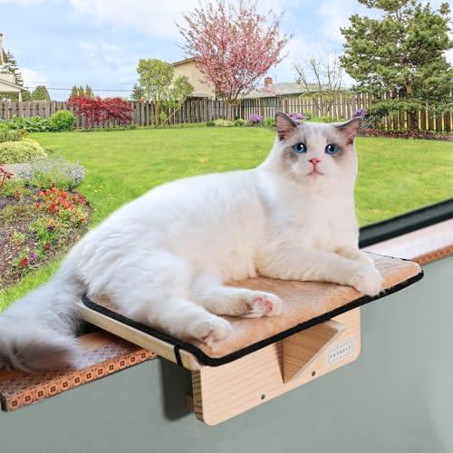 Petsfit Cat Window Perch Natural Solid Wood with Removable Fleece Mat, Safety Sturdy Cat Perch, Fit for Windows/Door/Drawer by Petsfit