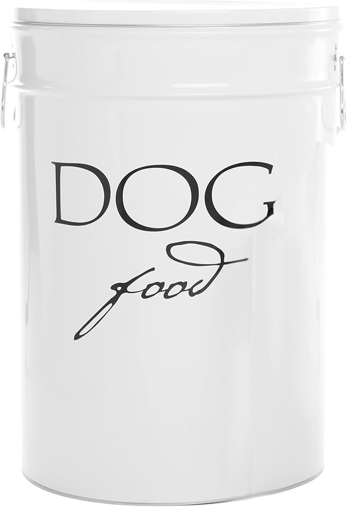 Harry Barker Classic White Dog Food Storage Canister – Large, Airtight Stainless Steel Pet Food Container, Holds Up to 40 lbs Dry Dog Food, Kitchen Counter & Pantry Storage - White