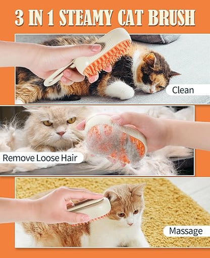 Cat Steam Brush for Shedding - 3 in 1 Pet Steam Brush for Dogs and Cats - Adjustable Dog Steamy Brushes for Grooming and Massage, Removing Tangled and Loose Hair (Beige)