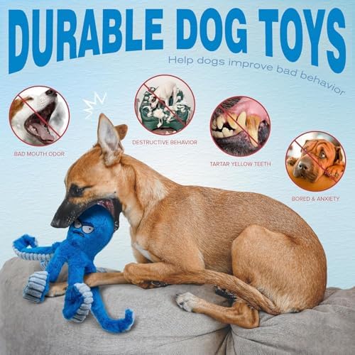 Large Dog Toys, Squeaky Dog Toy, Stuffed Crinkle Blue Octopus Toys 2 Pack - Image 4