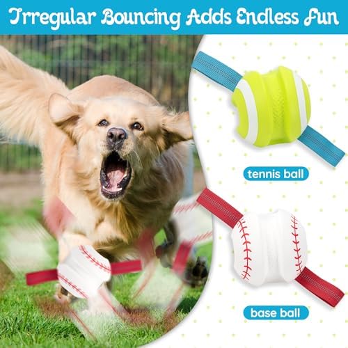 LECHONG Dog Balls with Straps for Tugging 2 Pcs, Interactive Dog Toys, Puppy Toys to Keep Them Busy, High Bouncy Balls for Dogs, Tennis Ball Base Ball Toys - Image 4