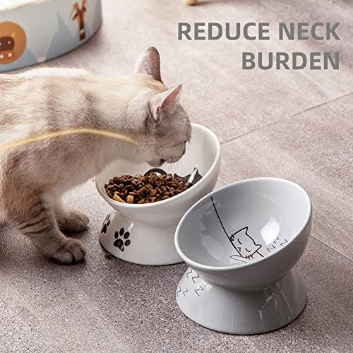 Sweejar Ceramic Raised Cat Bowls, Slanted Cat Dish Food or Water Bowls, Elevated Porcelain Pet Feeder Bowl Protect Cat's Spine, Stress Free, Backflow Prevention(Grey) - Image 2