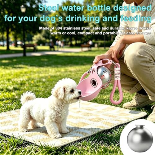 Portable Dog Water Bottle, Flip-Top Silicone Bowl Design, Insulated Hot & Cold Retention Material, One-Hand Leakproof Use, Perfect for Walking & Hiking, 10oz (Pink, Printing) - Image 3