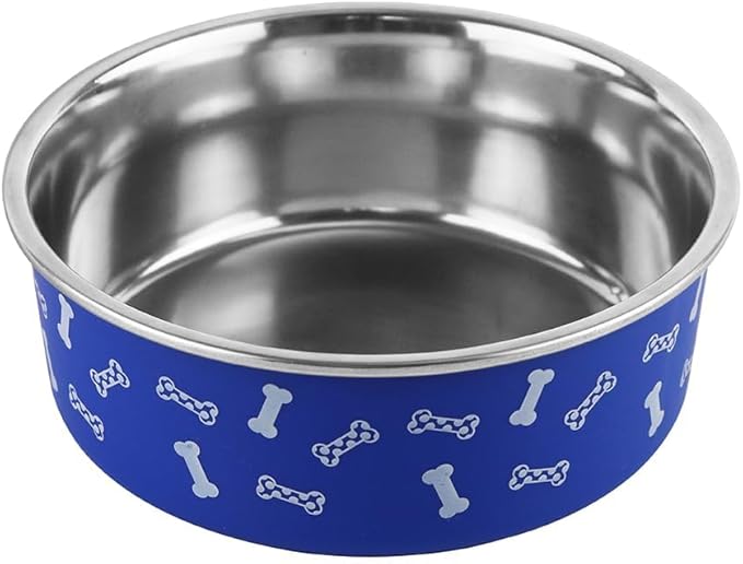 Anti-Skid Stainless Steel Dog Bowl with Anti-Skid Base, 32 fl oz | Food & Water Bowl for Small Dogs, Puppies & Cats, | Durable Pet Bowl, Blue Bone Print