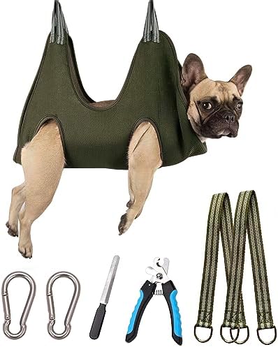 Kkiimatt 10 in 1 Dog Pet Grooming Hammock Harness with Nail Clippers/Trimmer, Nail File,Dog Nail Hammock, Dog Grooming Sling for Nail Trimming/Clipping (M/Under 45lb, Khaki Green) by Kkiimatt