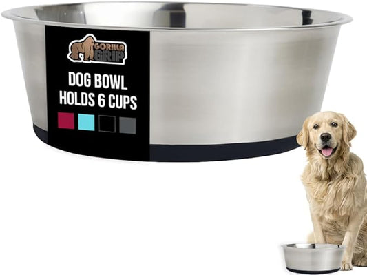 GORILLA GRIP Dog Bowl, Holds 6 Cups (48 fl oz), Food Grade 304 Stainless Steel Food and Water Bowl for Feeding Dogs and Cats, BPA Free Rubber Base, Easy Clean, Dishwasher Safe, Rust Resistant, Black