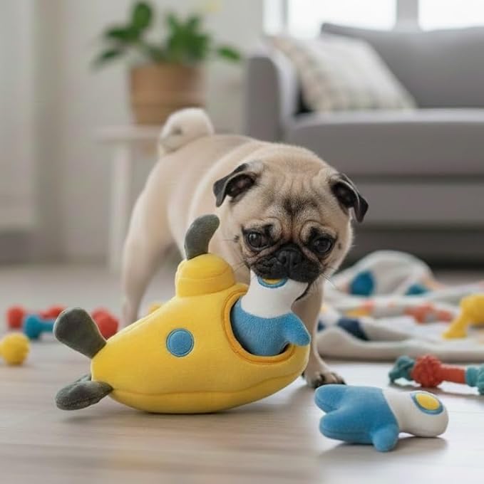 MODERN WAVE - Interactive Squeaky Plush Hide and Seek Squirrel Type Puzzle Toy for Dogs, Medium Size (Submarine and Divers)