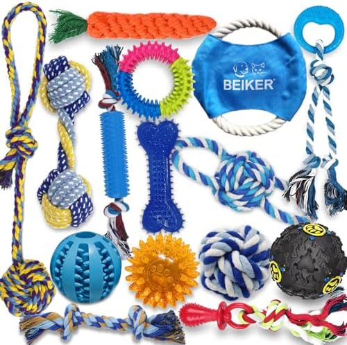 Beiker Dog Teething Chew Toys - 15 Pack Small Medium Breed Puppy Toy, Variety Dogs Rope Chew Toys Bundle for Boredom, Pet Interactive Squeaky Treat Dispensing Ball for Puppies by Beiker