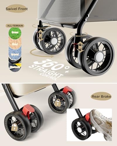 GTPLAYER Foldable Pet Stroller for Small Dogs and Cats, Holds Up to 33 lb, 4-Wheel Stroller with 2 Safety Tethers, Breathable Mesh, Lockable Front Wheels, Cup Holder/Tray & Storage Pocket, Cream - Image 7